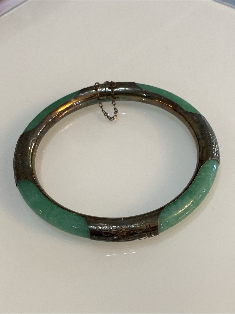 Sterling silver Antique Chinese Carved Jadeite Jade Silver Bangle Bracelet